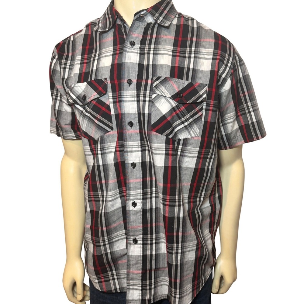 Beverly Hills Polo Club Mens Plaid Short Sleeve Button Down Shirt Red Black L - Picture 3 of 9